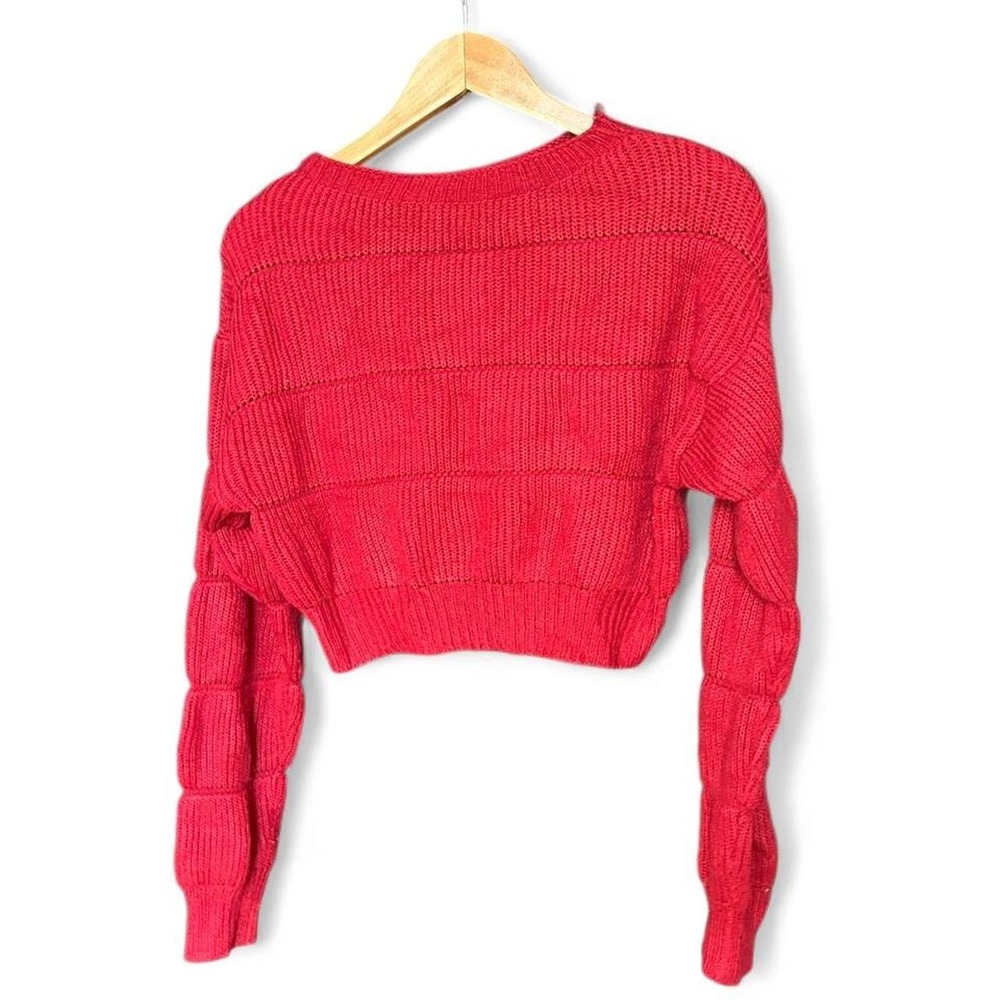 Red Cropped Knit Sweater Textured Balloon Sleeve Y2K Indie Sleaze S